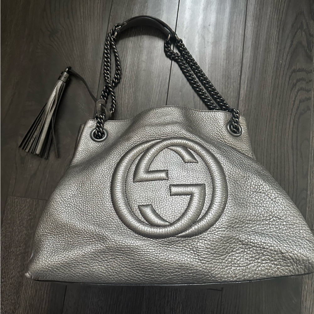 Gucci Soho Medium Grey Double Leather Chain Shoulder Bag Tote